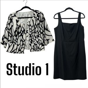Black Dress with Abstract Print White/ Black Cropped Blazer Sz 14 Office Siren